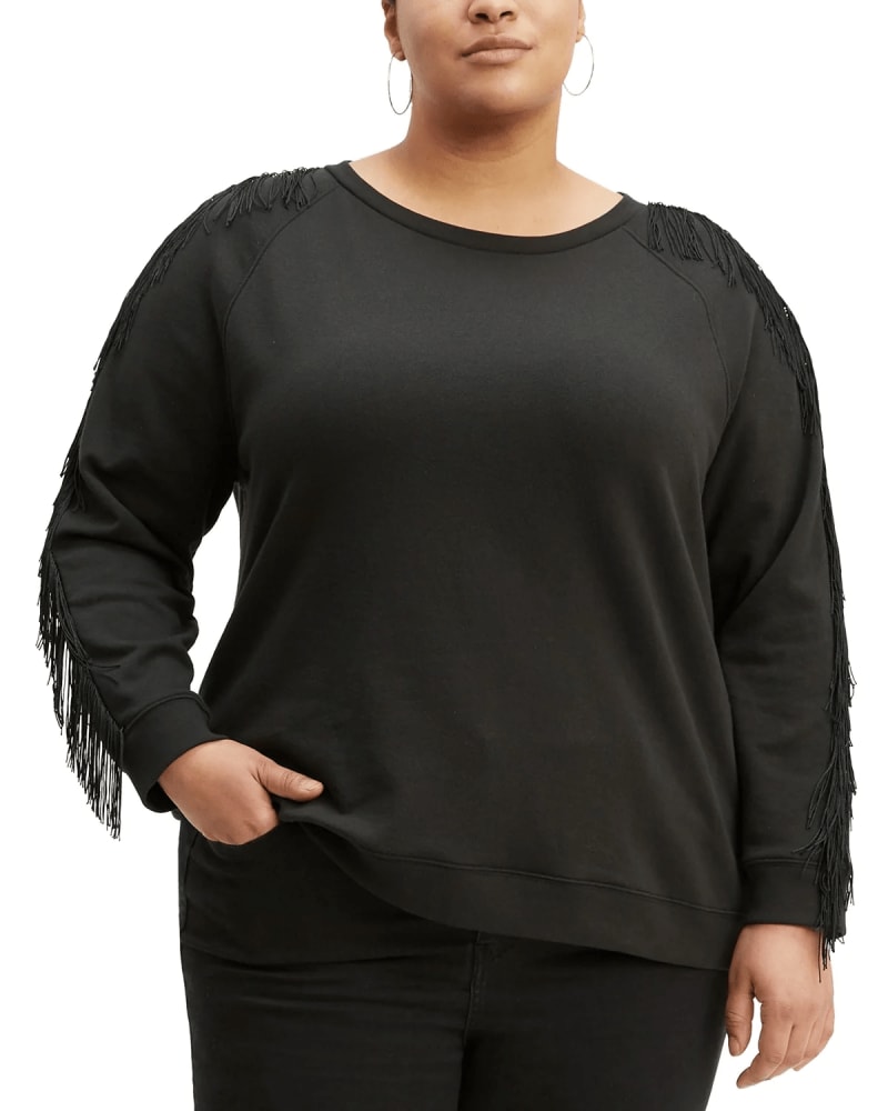 Front of a model wearing a size 2XL Levi's Women's Trendy Plus Size Reese Fringe-Trim Top Black Size 2 Extra Large in Black by Levi's. | dia_product_style_image_id:311386
